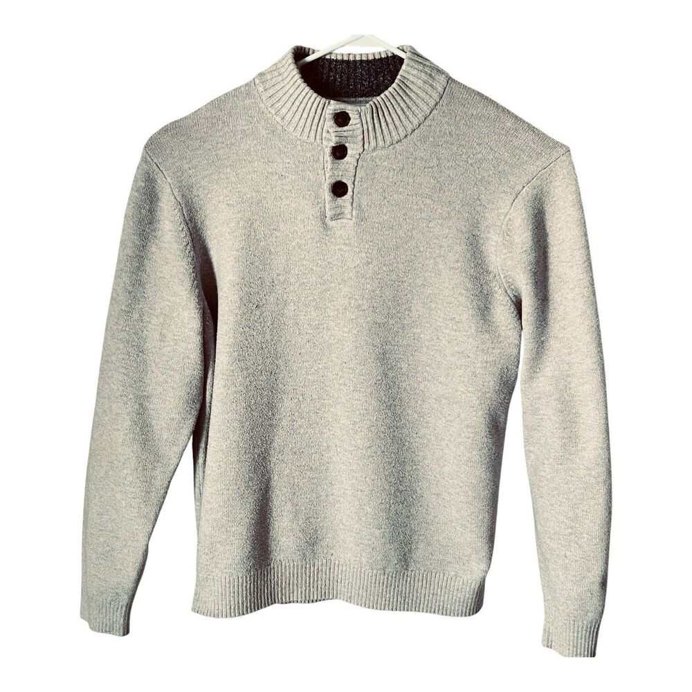 Old Navy Mens Sweater Size XXL Grey Mock Neck 1/4 Button Pullover Heavy